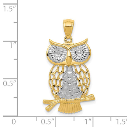 14K Gelb- und Rhodiumgold Eulen-Anhänger mit Rhodium, diamantiert, poliert und beweglich