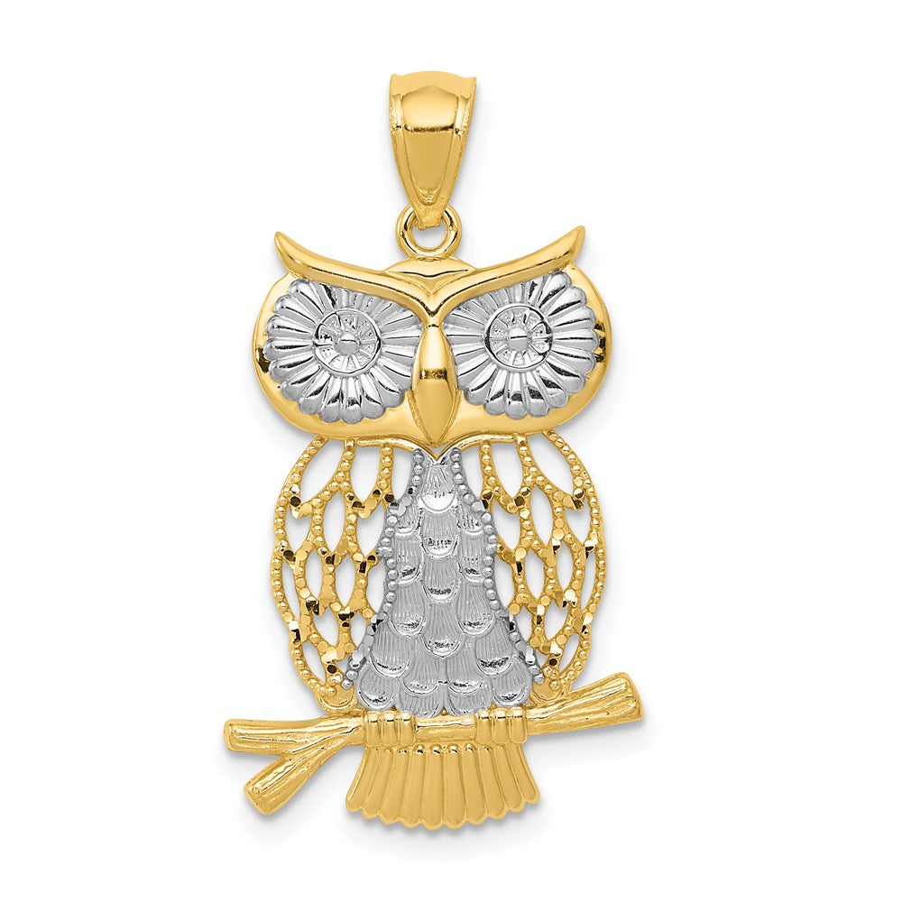 14K Gelb- und Rhodiumgold Eulen-Anhänger mit Rhodium, diamantiert, poliert und beweglich