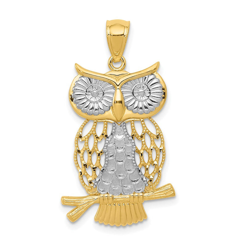 14K Gelb- und Rhodiumgold Eulen-Anhänger mit Rhodium, diamantiert, poliert und beweglich