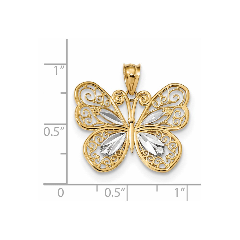 14 K Gelb- und Rhodiumgold mit poliertem Weißrhodium-Filigran-Schmetterlings-Anhänger