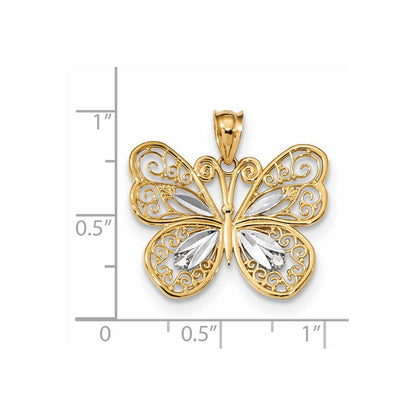 14 K Gelb- und Rhodiumgold mit poliertem Weißrhodium-Filigran-Schmetterlings-Anhänger