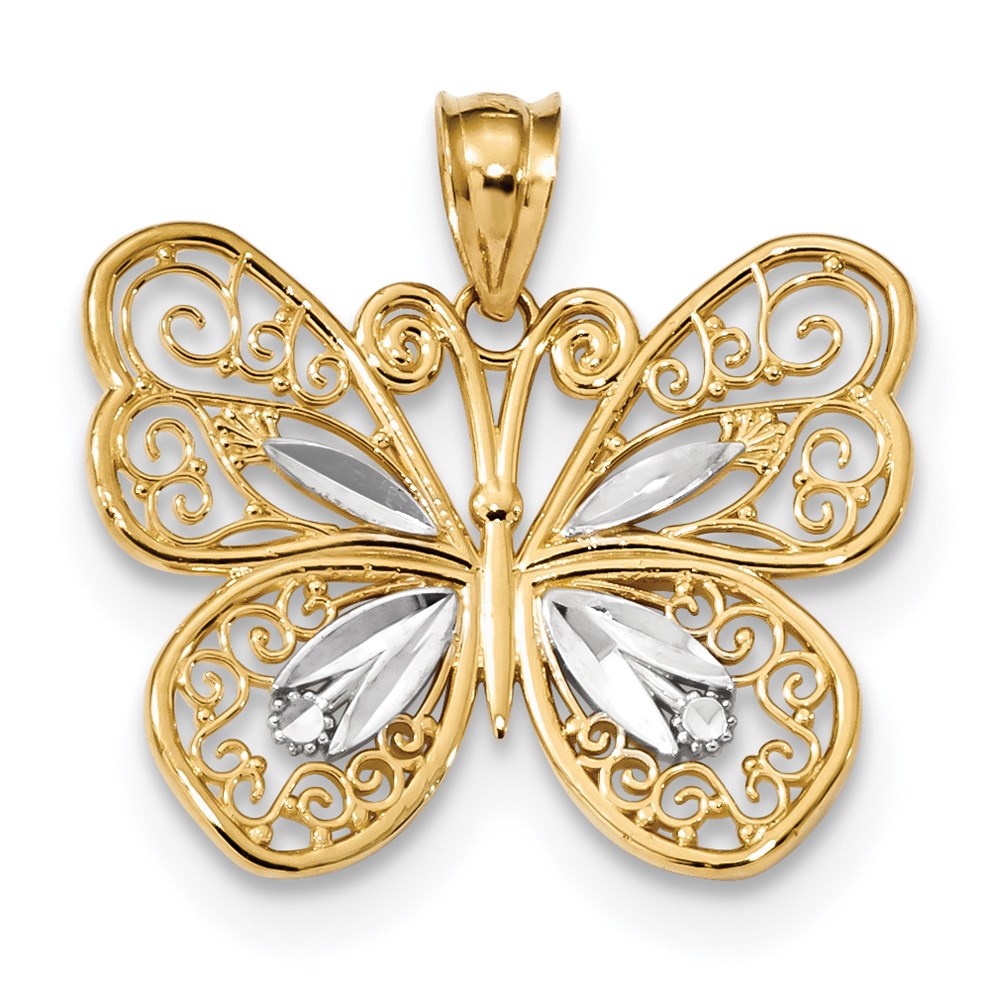 14 K Gelb- und Rhodiumgold mit poliertem Weißrhodium-Filigran-Schmetterlings-Anhänger