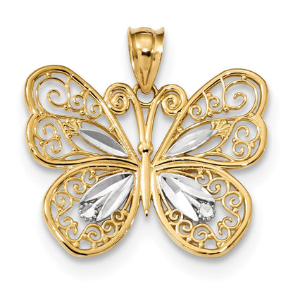 14 K Gelb- und Rhodiumgold mit poliertem Weißrhodium-Filigran-Schmetterlings-Anhänger