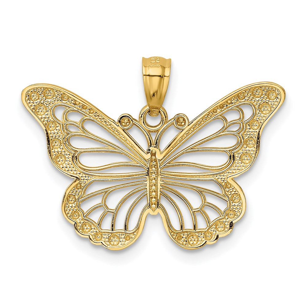 14K Gelbgold & Rhodium mit Rhodium, diamantgeschliffener, polierter, offener Schmetterlings-Anhänger