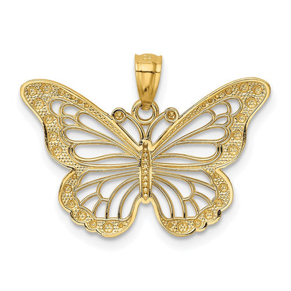 14K Gelbgold & Rhodium mit Rhodium, diamantgeschliffener, polierter, offener Schmetterlings-Anhänger