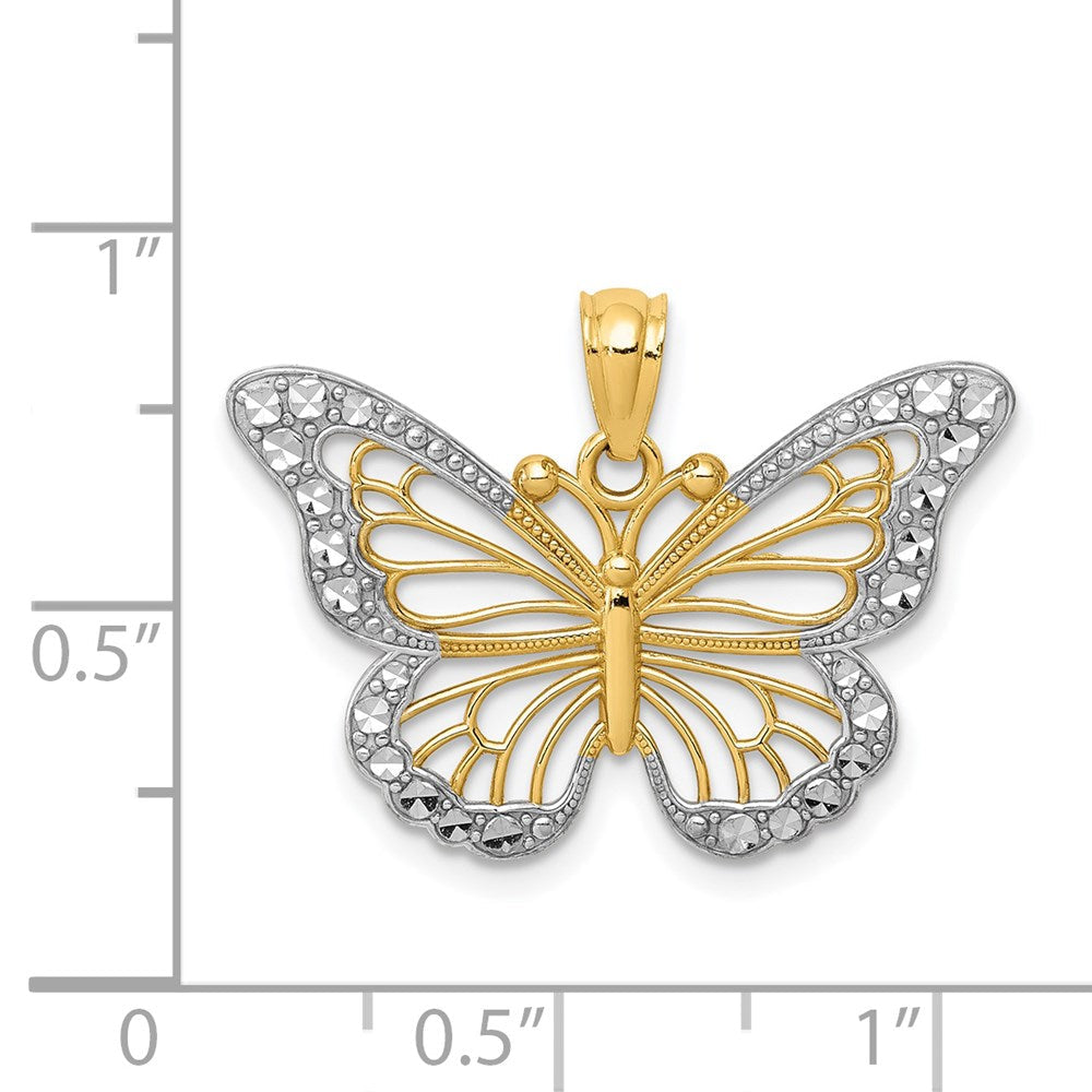 14K Gelbgold & Rhodium mit Rhodium, diamantgeschliffener, polierter, offener Schmetterlings-Anhänger