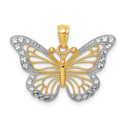 14K Gelbgold & Rhodium mit Rhodium, diamantgeschliffener, polierter, offener Schmetterlings-Anhänger
