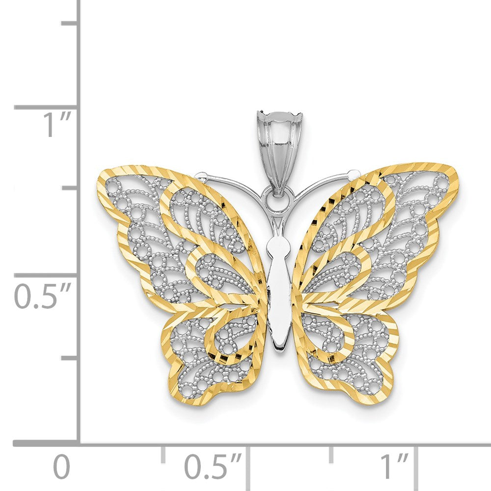 14K Weißgold mit Gelbrhodinierung, polierter Filigran-Schmetterlings-Anhänger