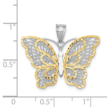 14K Weißgold mit Gelbrhodinierung, polierter Filigran-Schmetterlings-Anhänger