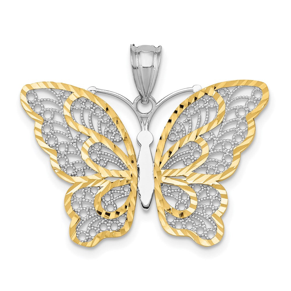 14K Weißgold mit Gelbrhodinierung, polierter Filigran-Schmetterlings-Anhänger