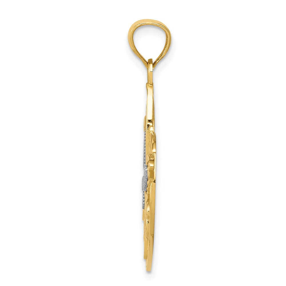 14K Gelb- und Rhodiumgold mit Rhodium diamantgeschliffener, polierter Schmetterlingsherz-Anhänger