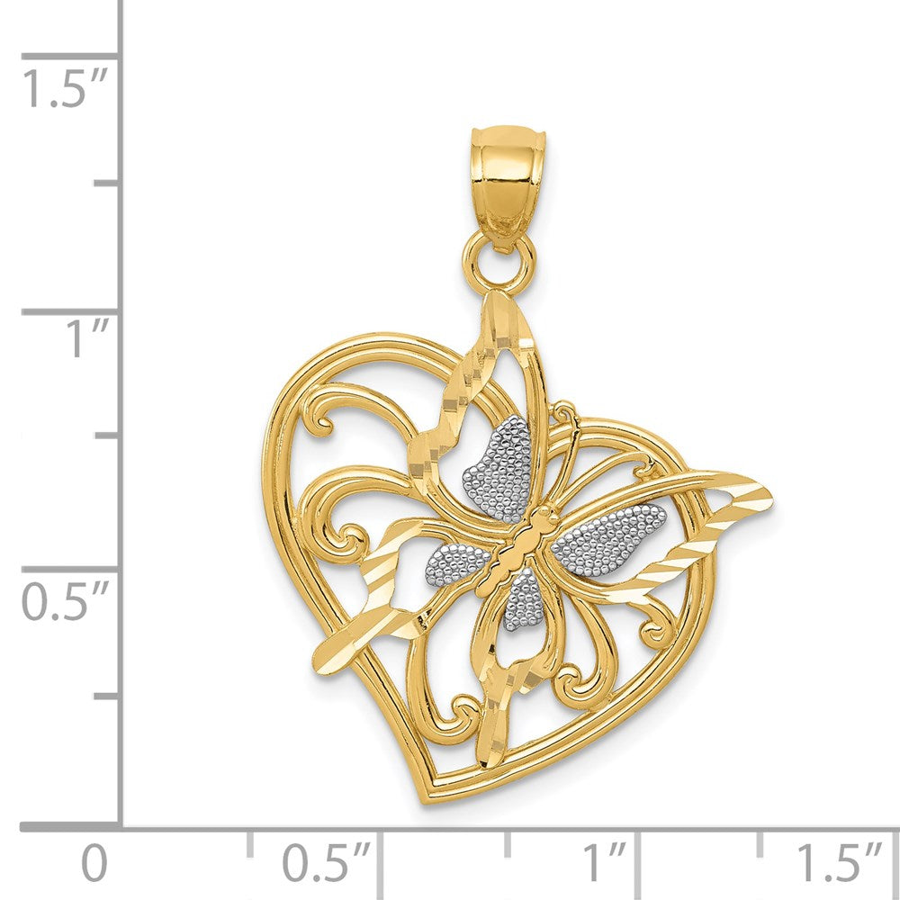 14K Gelb- und Rhodiumgold mit Rhodium diamantgeschliffener, polierter Schmetterlingsherz-Anhänger