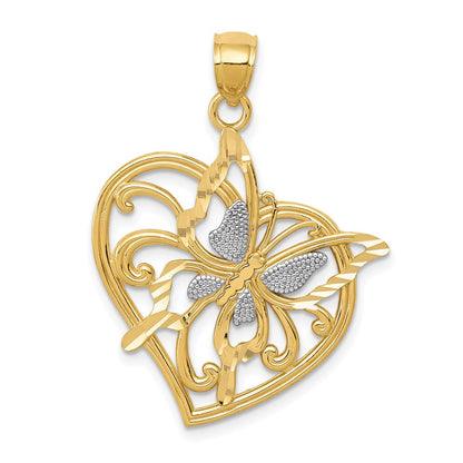 14K Gelb- und Rhodiumgold mit Rhodium diamantgeschliffener, polierter Schmetterlingsherz-Anhänger