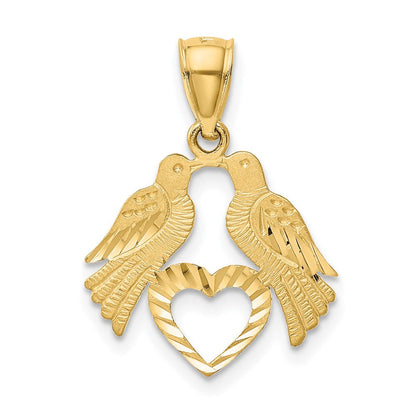 14K Gelbgold Poliert Diamantiert Liebe Birds mit Herz Anhänger