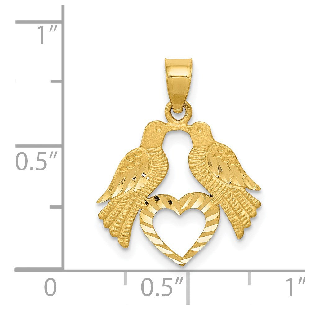 14K Gelbgold Poliert Diamantiert Liebe Birds mit Herz Anhänger