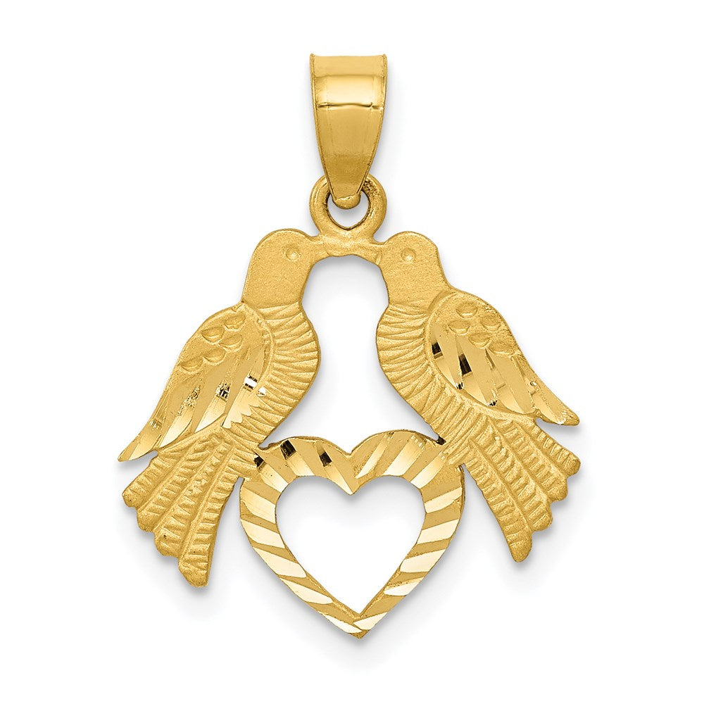 14K Gelbgold Poliert Diamantiert Liebe Birds mit Herz Anhänger