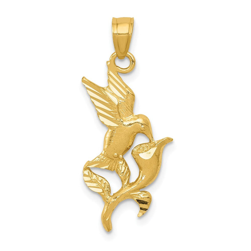 14K Gelbgold Poliert Hummingbird mit Blume Anhänger