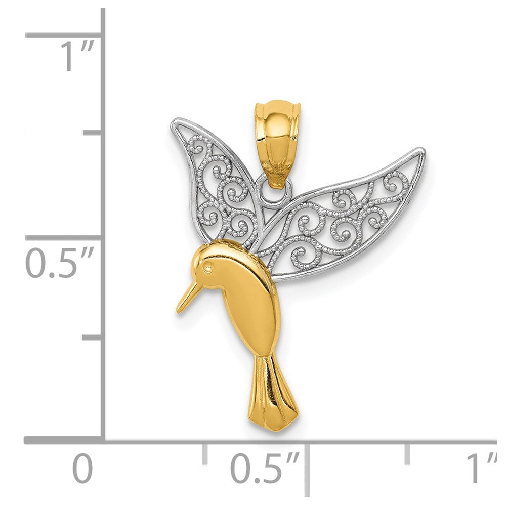 14K Gelb & Rhodium mit Rhodium Poliert Hummingbird Filigran Flügel Anhänger