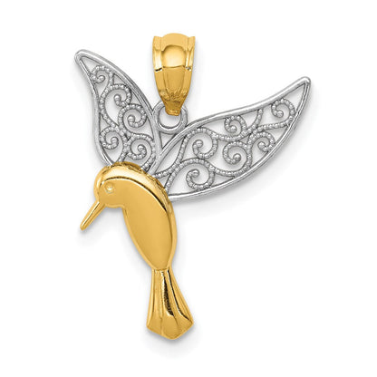 14K Gelb & Rhodium mit Rhodium Poliert Hummingbird Filigran Flügel Anhänger