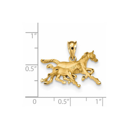 14K Gelbgold Anhänger mit Satinfinish und diamantierten laufenden Pferden