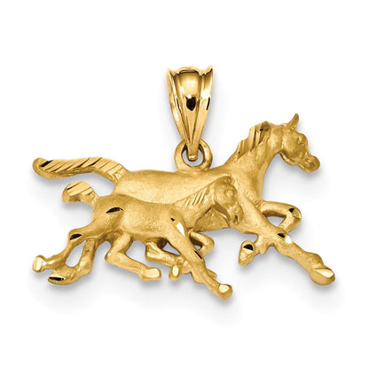 14K Gelbgold Anhänger mit Satinfinish und diamantierten laufenden Pferden