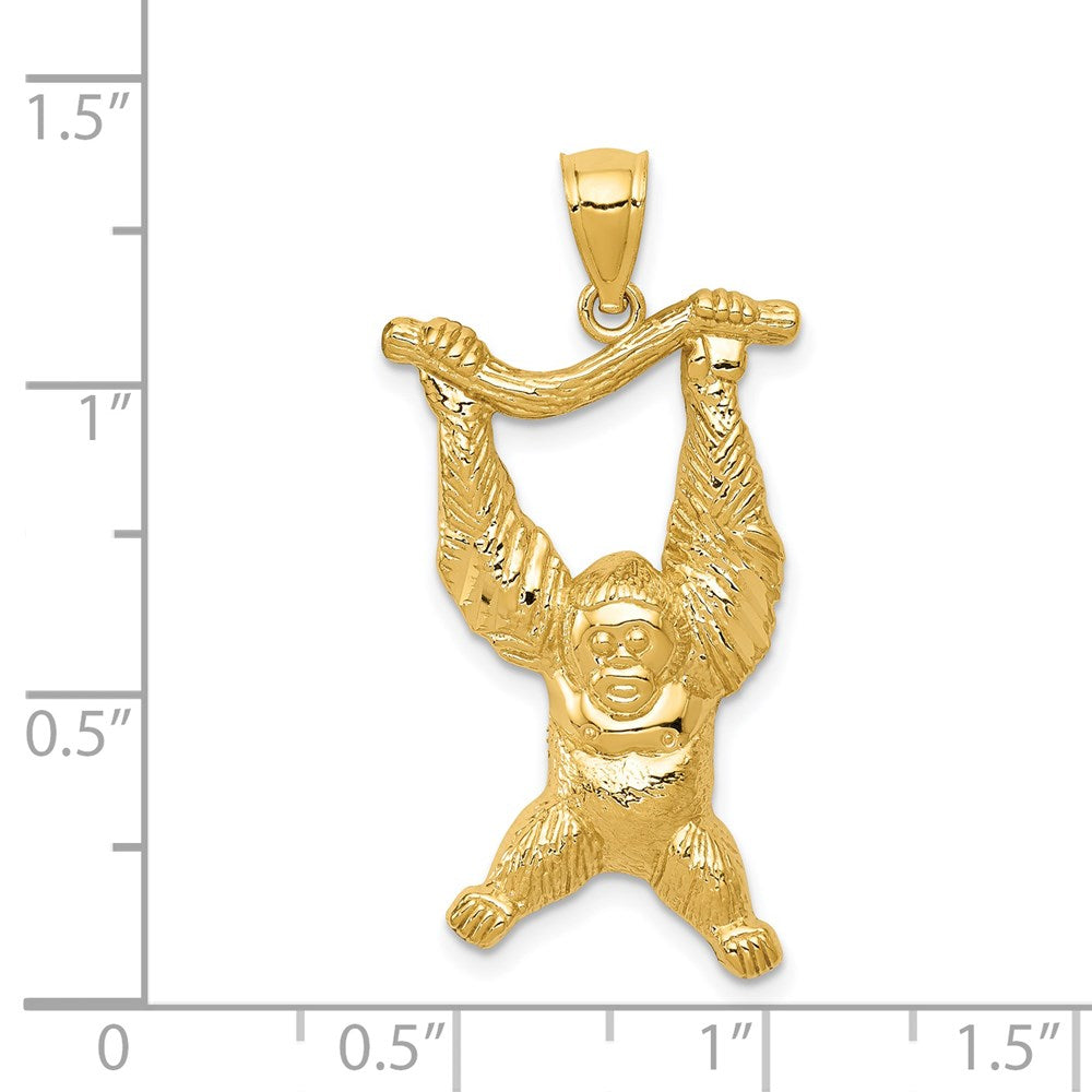 14 Karat Gelbgold Diamantgeschliffener & Strukturiert-Polierter Orang-Utan-auf-Ast-Anhänger