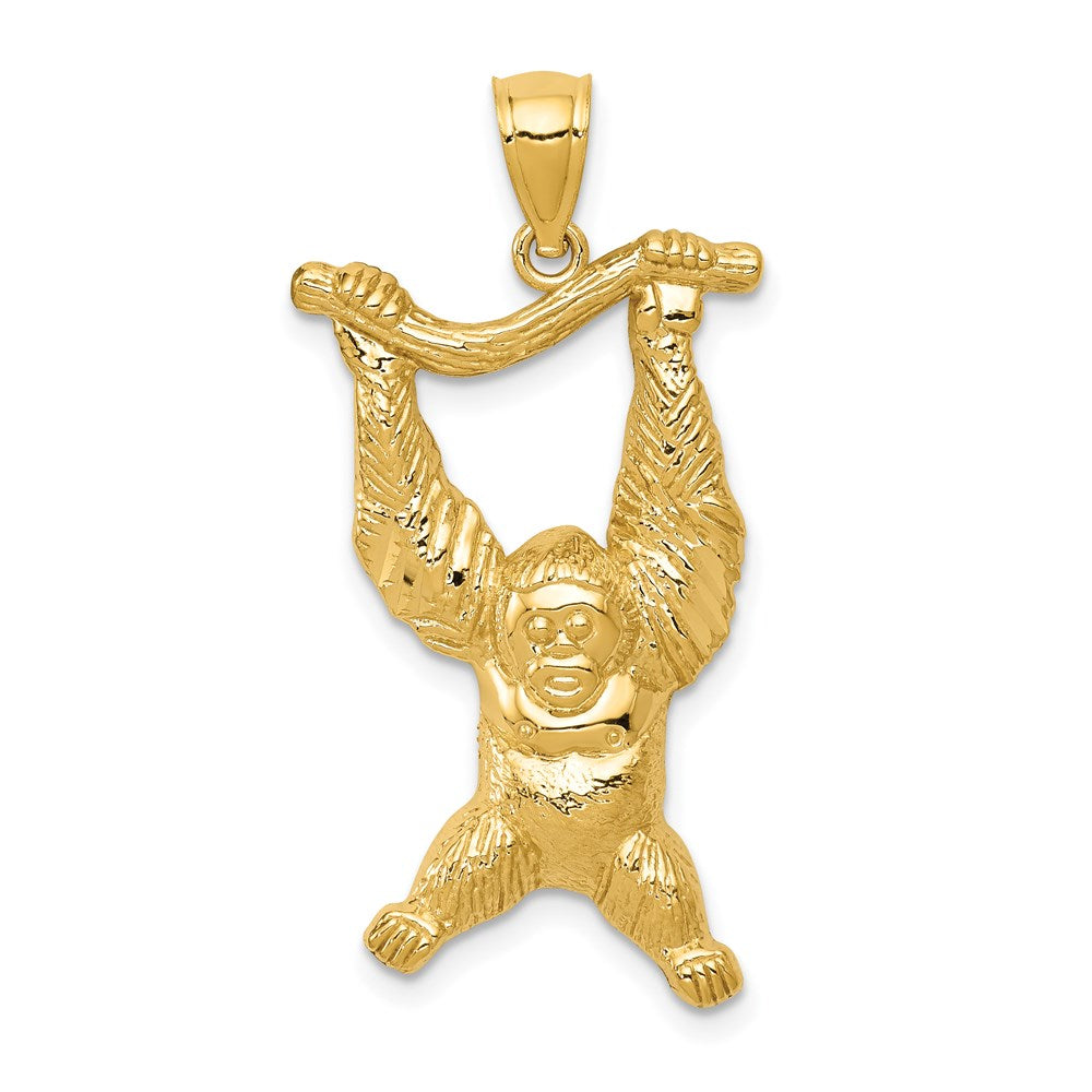 14 Karat Gelbgold Diamantgeschliffener & Strukturiert-Polierter Orang-Utan-auf-Ast-Anhänger