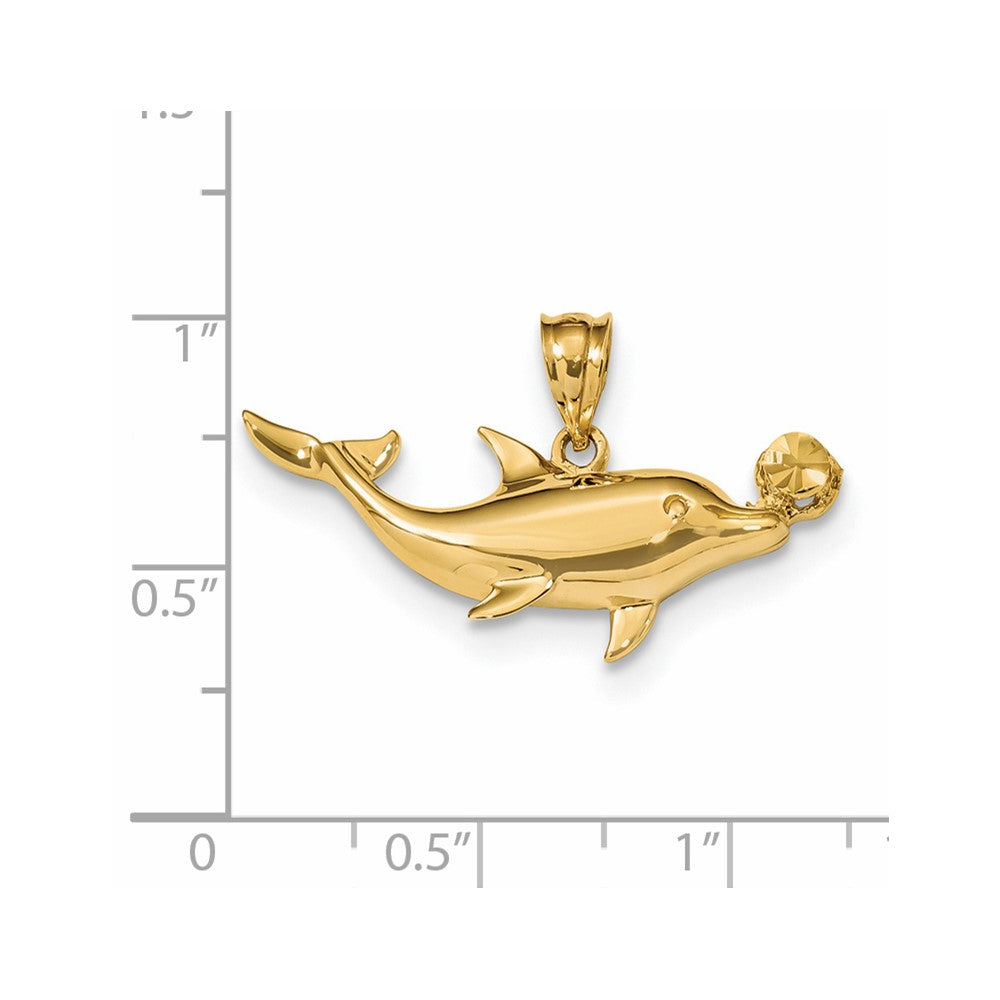„14K Gelbgold Poliert & Diamantgeschliffen Delfin mit Kugel Anhänger“