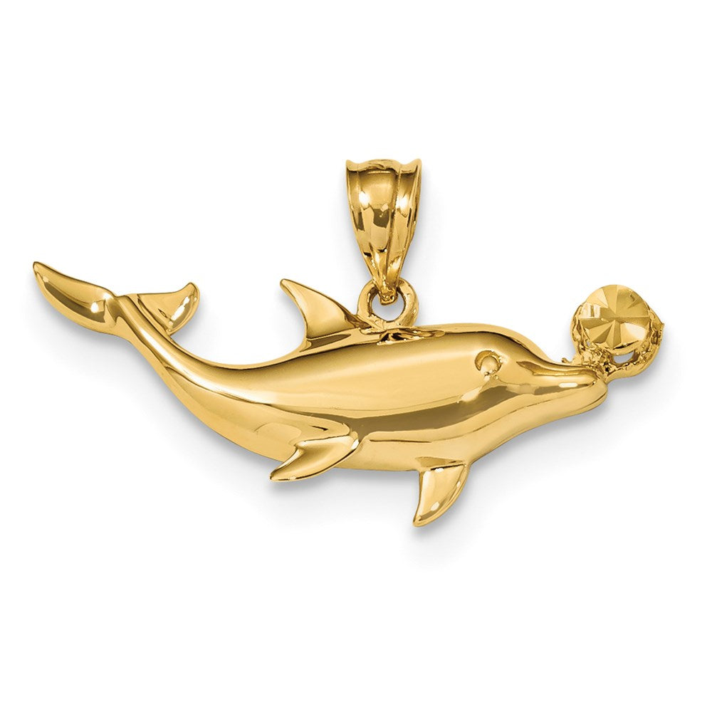 „14K Gelbgold Poliert & Diamantgeschliffen Delfin mit Kugel Anhänger“