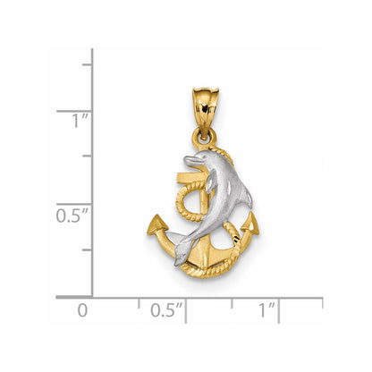 14K Gelbgold & Rhodiniertes Gold mit Weißem Rhodium, satiniert, diamantiert, Delfin- & Anker-Anhänger