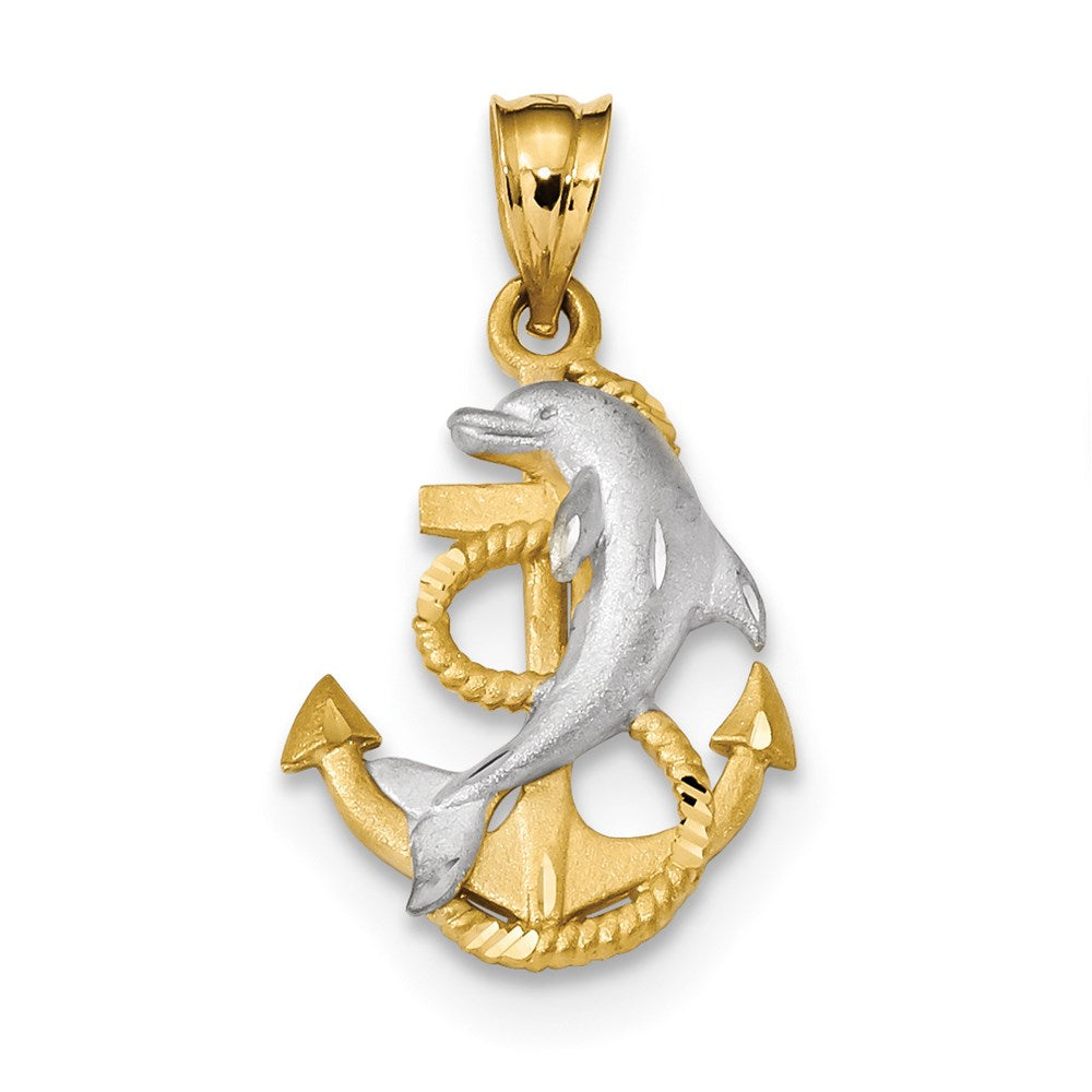 14K Gelbgold & Rhodiniertes Gold mit Weißem Rhodium, satiniert, diamantiert, Delfin- & Anker-Anhänger
