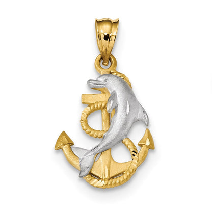 14K Gelbgold & Rhodiniertes Gold mit Weißem Rhodium, satiniert, diamantiert, Delfin- & Anker-Anhänger