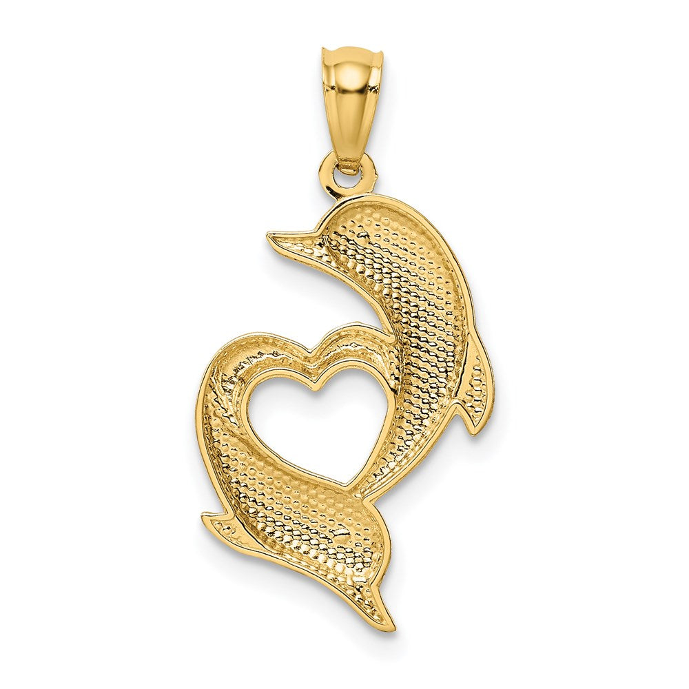 14K Gelbgold Diamantiert Satiniert und Poliert Dolphins Herz Anhänger
