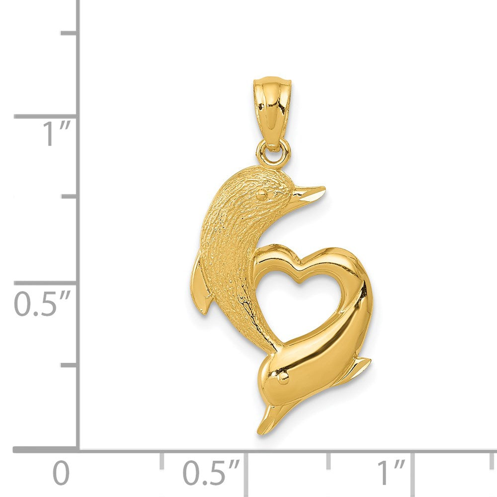 14K Gelbgold Diamantiert Satiniert und Poliert Dolphins Herz Anhänger