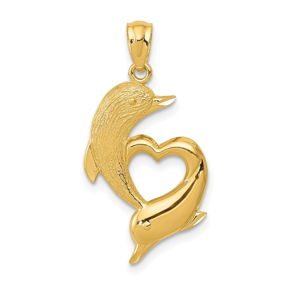 14K Gelbgold Diamantiert Satiniert und Poliert Dolphins Herz Anhänger