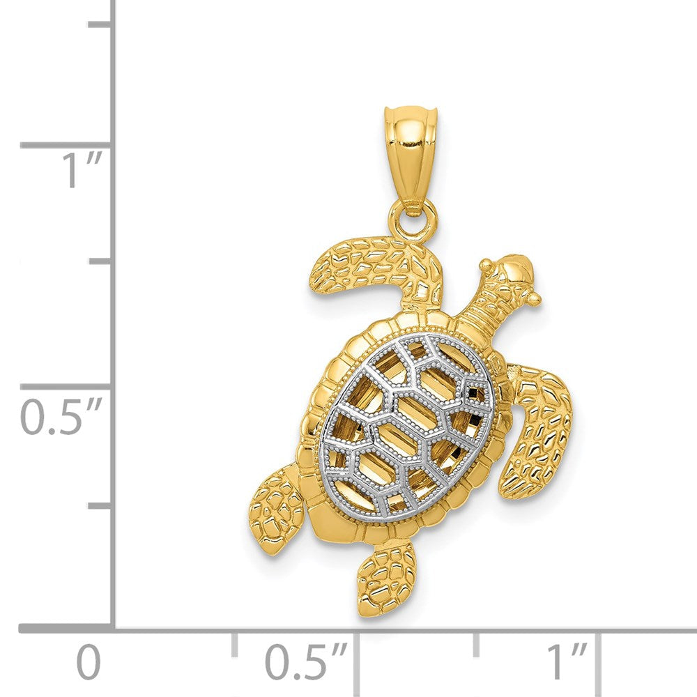 14K Gelb- und Rhodiumgold mit weißem Rhodium polierter, beweglichen Beinen Meeresschildkröten-Anhänger