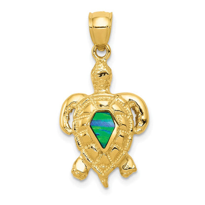 14K Gelbgold Polierter Synthetischer Blauer Opal Schildkröten-Anhänger