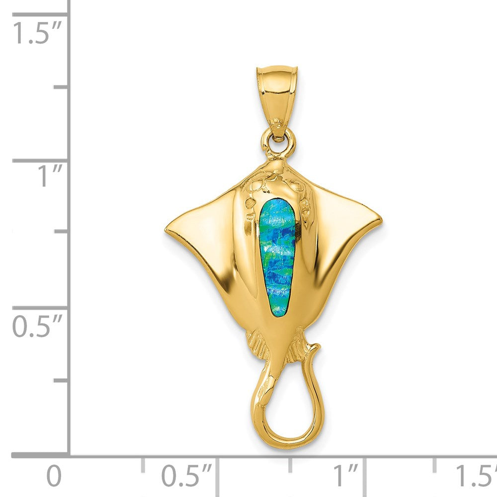 14K Gelbgold Anhänger Rochen, poliert, mit synthetischem blauem Opal