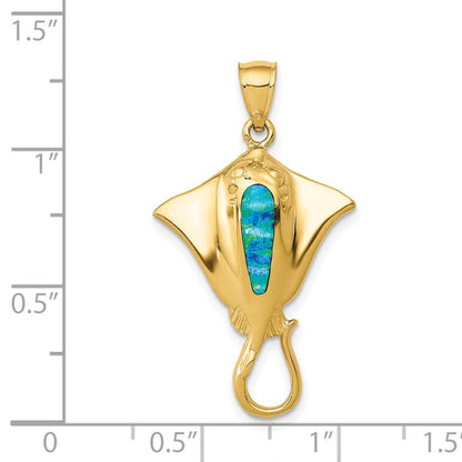 14K Gelbgold Anhänger Rochen, poliert, mit synthetischem blauem Opal