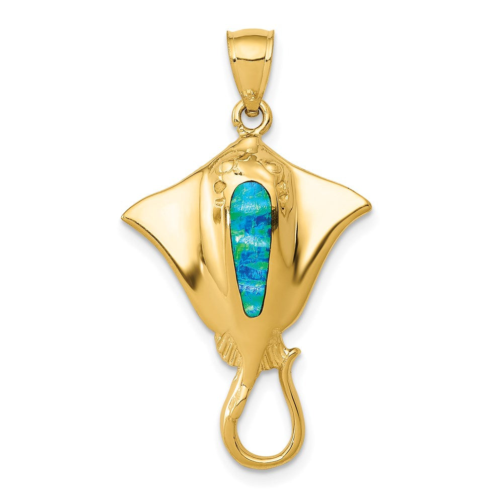 14K Gelbgold Anhänger Rochen, poliert, mit synthetischem blauem Opal