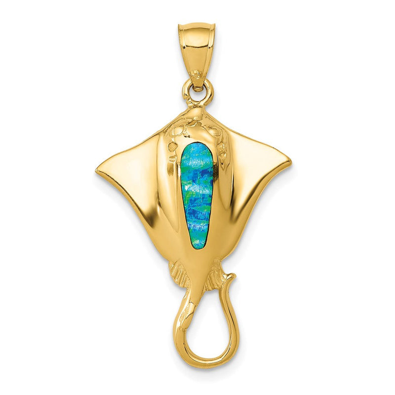 14K Gelbgold Anhänger Rochen, poliert, mit synthetischem blauem Opal