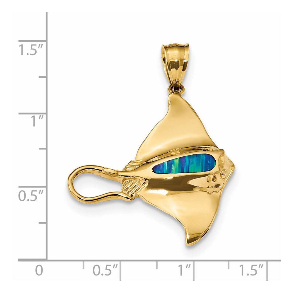 14K Gelbgold Anhänger, poliert, mit synthetischem Blauem Opal, Rochen-Design