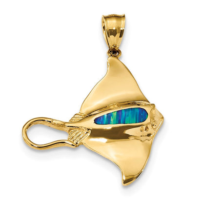 14K Gelbgold Anhänger, poliert, mit synthetischem Blauem Opal, Rochen-Design