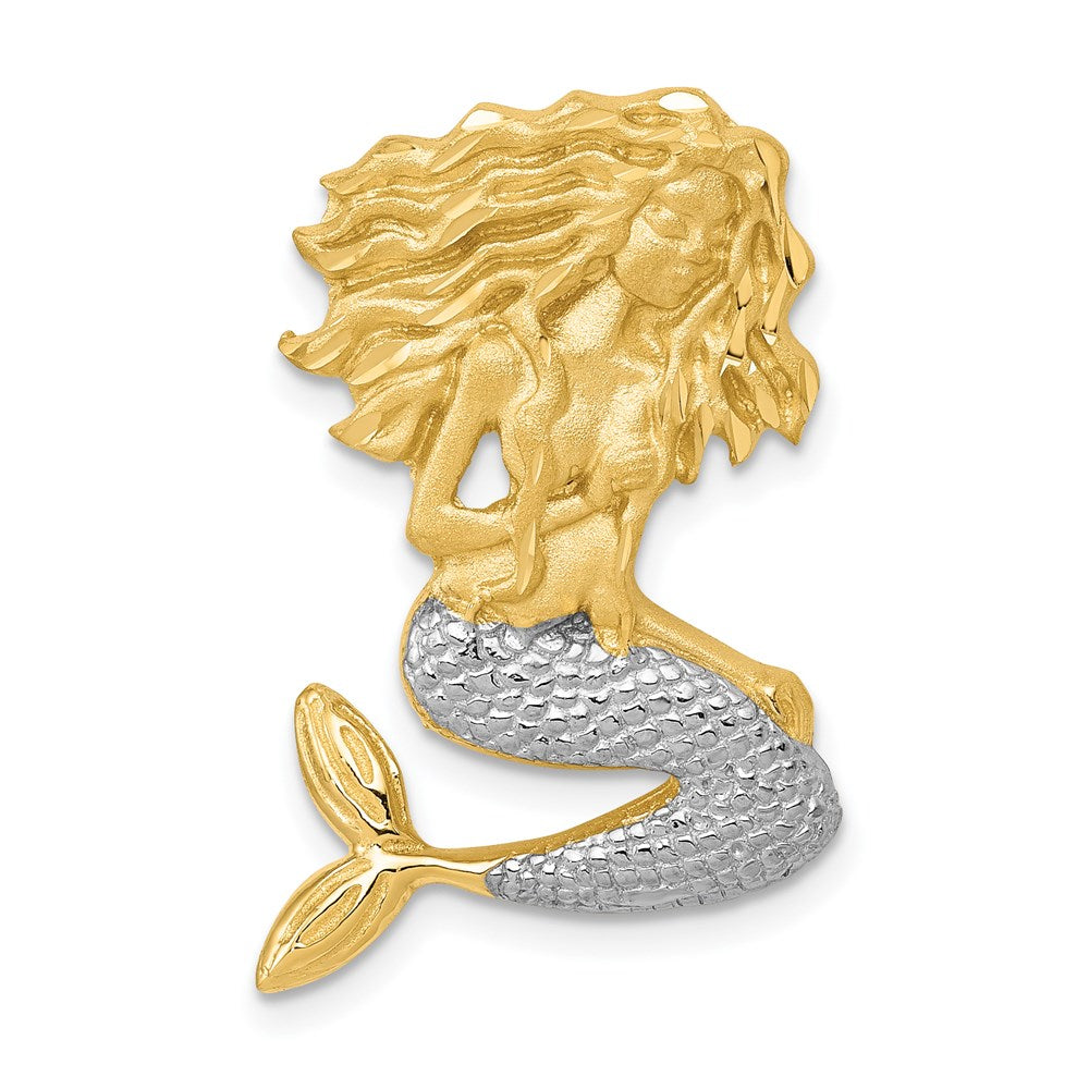 14K Gelb & Rhodium mit Weiß Satiniert Diamantiert Meerjungfrau Kette Anhänger