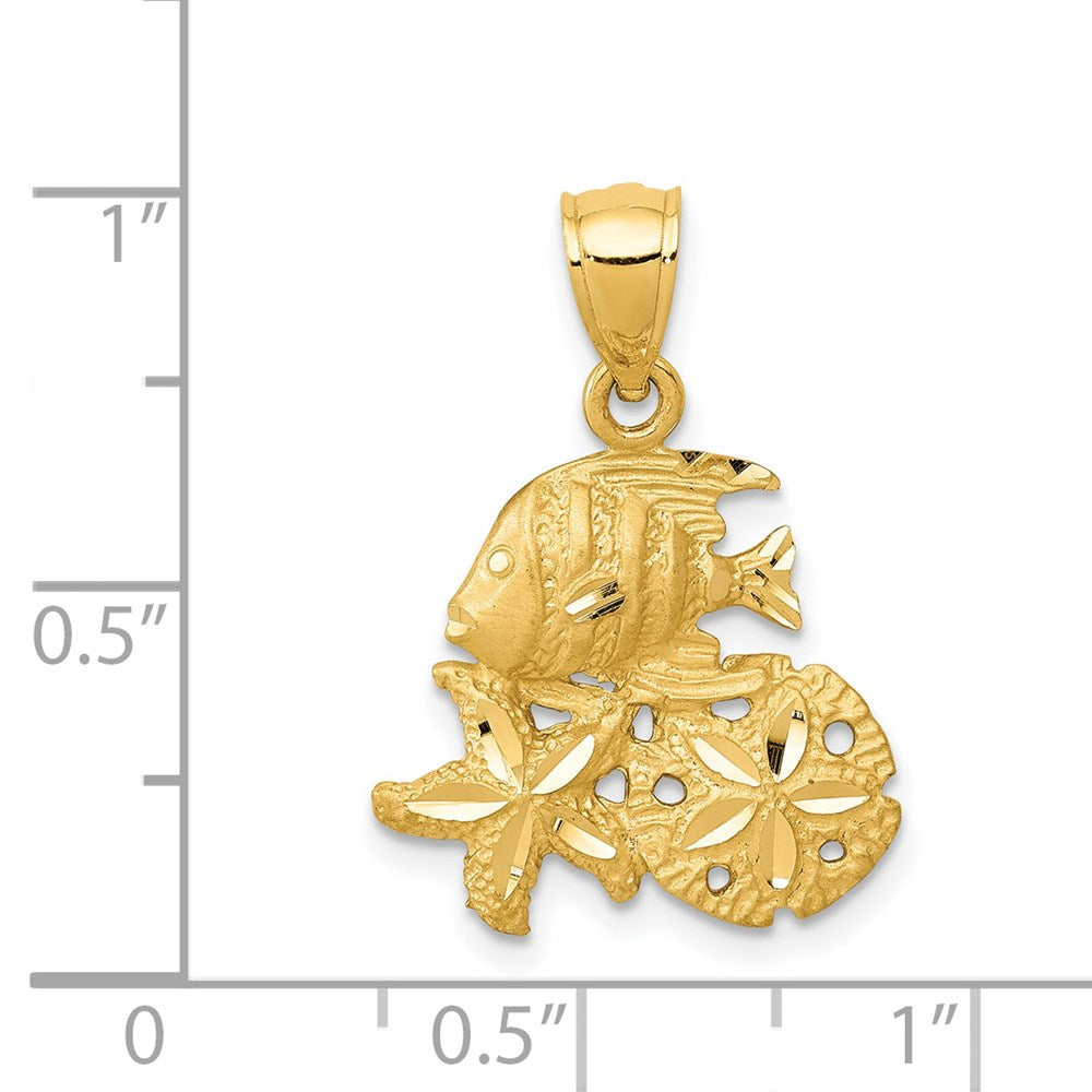 14K Gelbgold Anhänger mit Satin-Diamantschliff, Fisch, Seestern und Seedollar