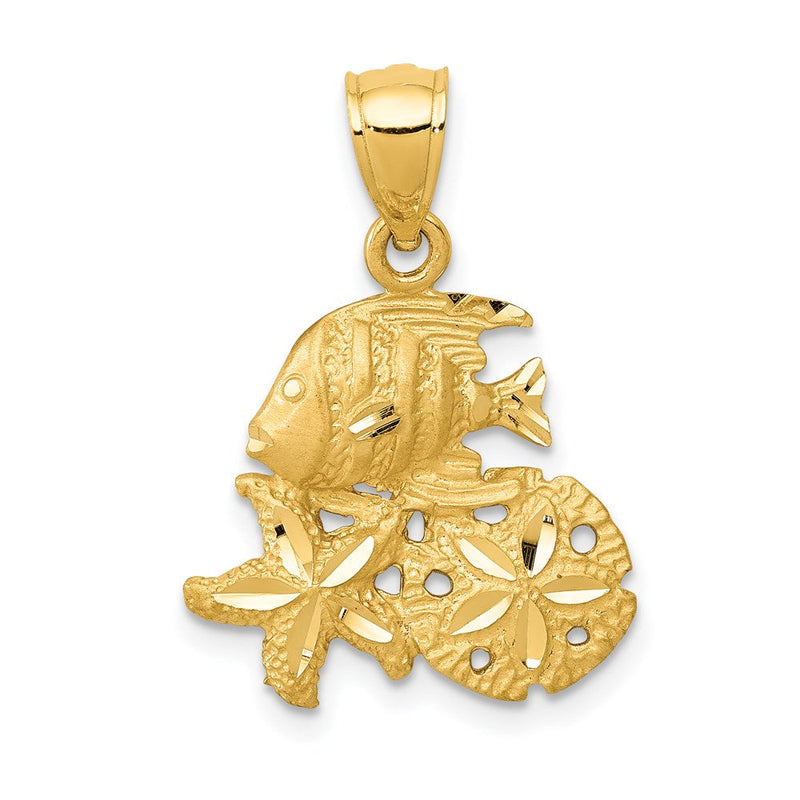 14K Gelbgold Anhänger mit Satin-Diamantschliff, Fisch, Seestern und Seedollar