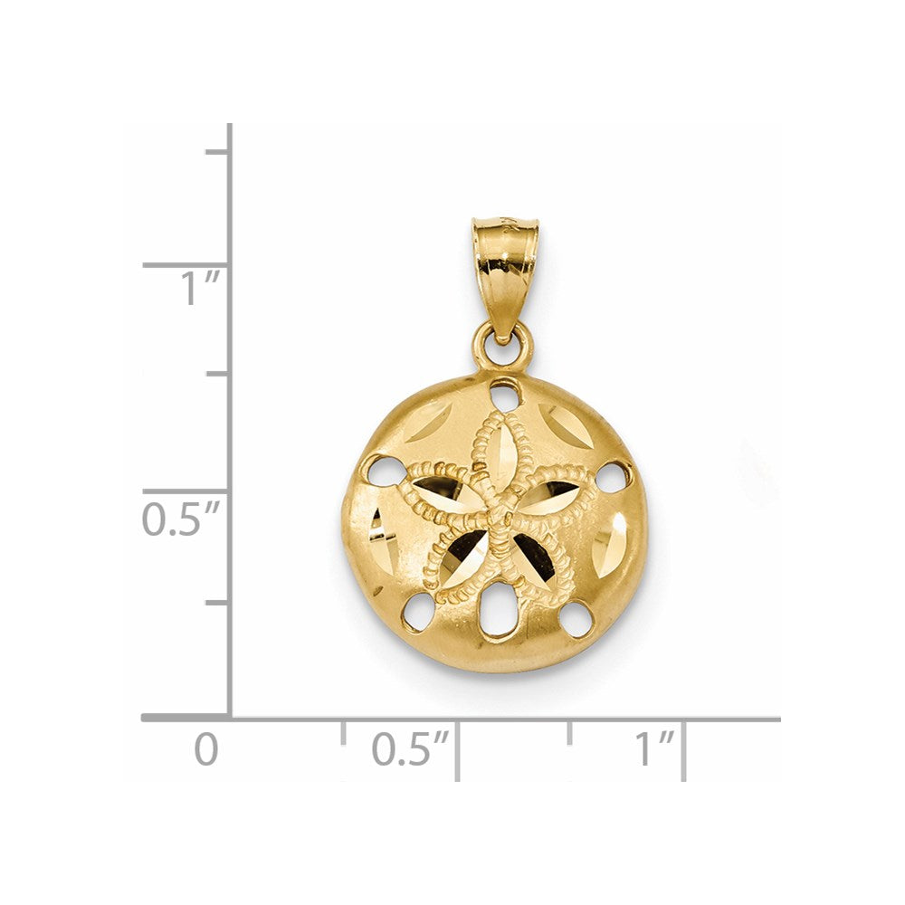 14K Gelbgold Satin-Anhänger „Sanddollar“, diamantgeschliffen, durchbrochen