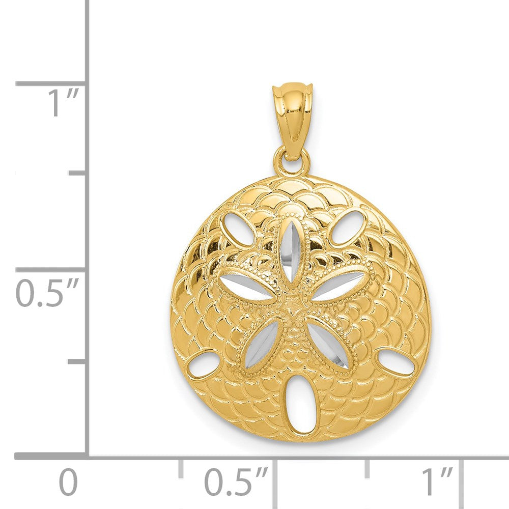 14K Gelb- und Rhodiumgold Sanddollar-Anhänger mit Weißrhodium, diamantgeschliffen und poliert
