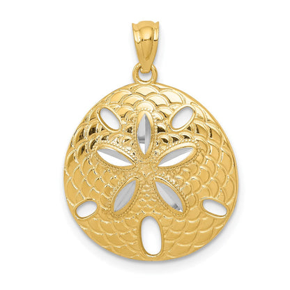 14K Gelb- und Rhodiumgold Sanddollar-Anhänger mit Weißrhodium, diamantgeschliffen und poliert
