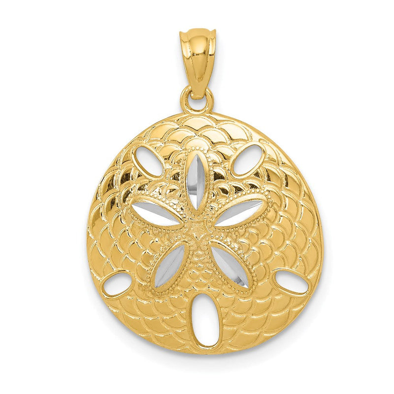 14K Gelb- und Rhodiumgold Sanddollar-Anhänger mit Weißrhodium, diamantgeschliffen und poliert